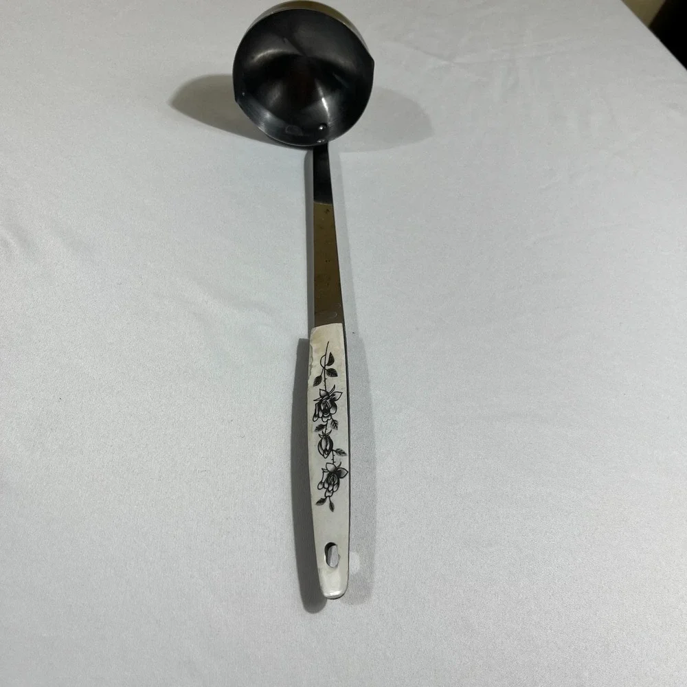 Vtg Japan Stainless Steel Kitchen Utensil Set Black Rose Floral MCM 3pc‎ White